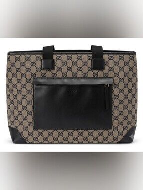 Gucci Beige Monogram Canvas Tote with Black Leather Pocket